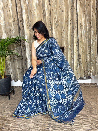 Indigo Block Printed Kota Doria saree