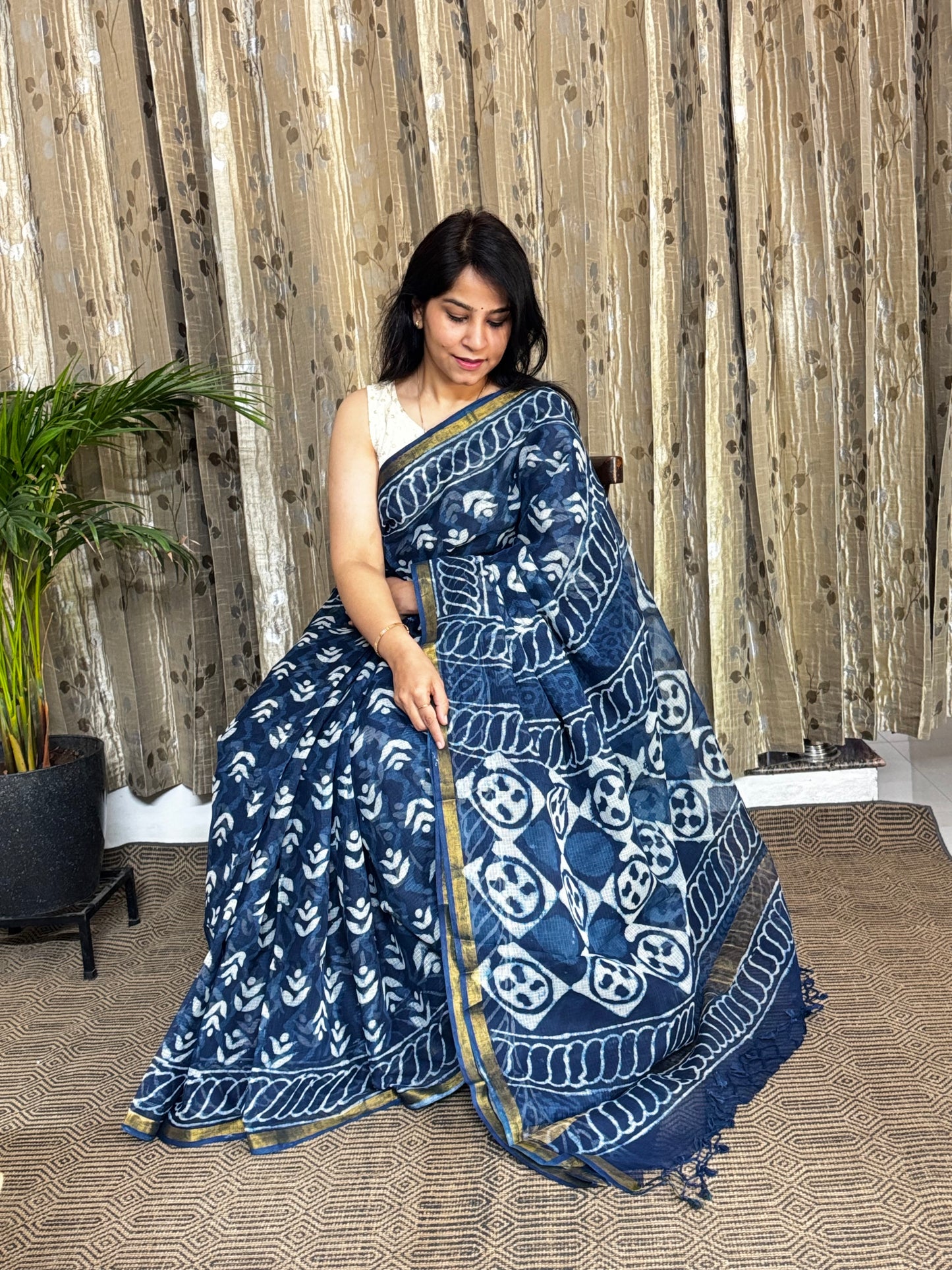 Indigo Block Printed Kota Doria saree