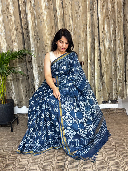 Indigo Block Printed Kota Doria saree