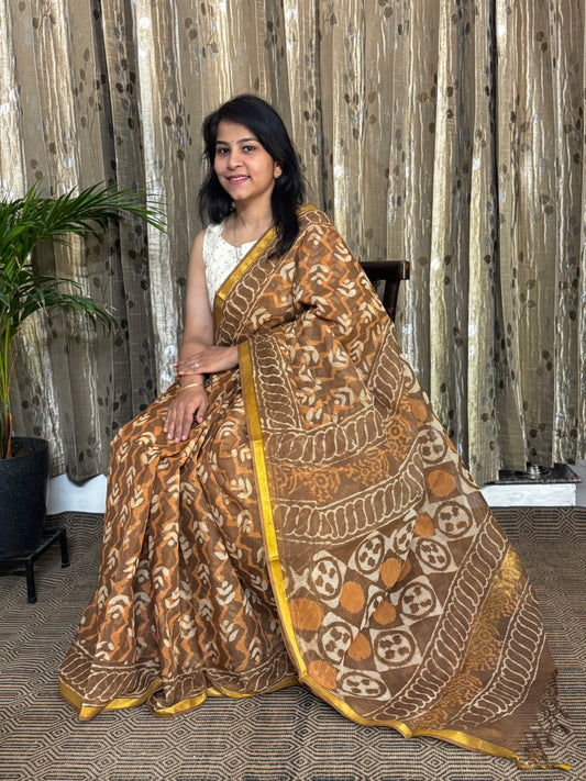 Brown Block Printed Kota Doria saree