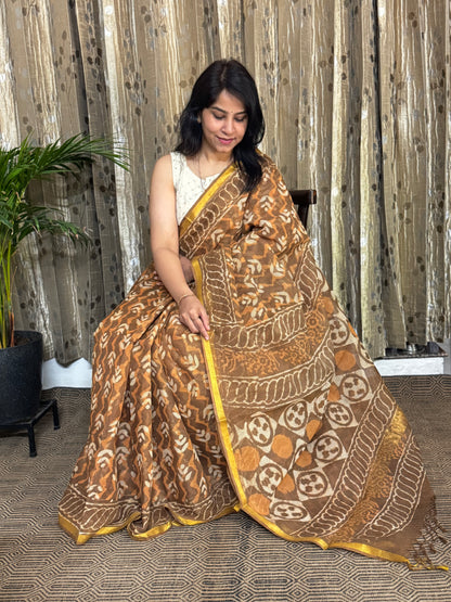 Brown Block Printed Kota Doria saree