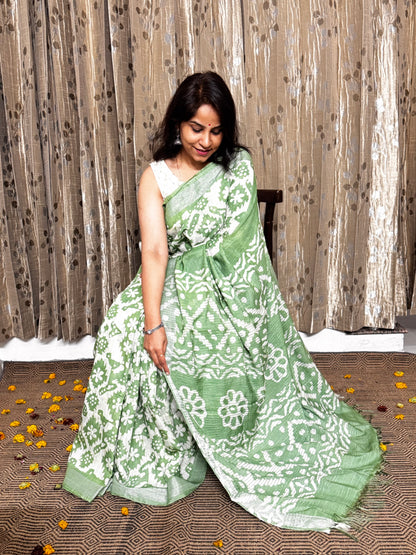 Pista Green Linen Cotton Zari Saree