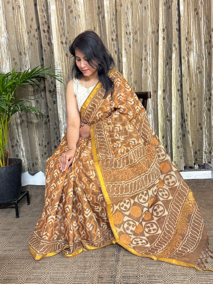 Brown Block Printed Kota Doria saree