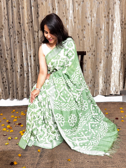 Pista Green Linen Cotton Zari Saree