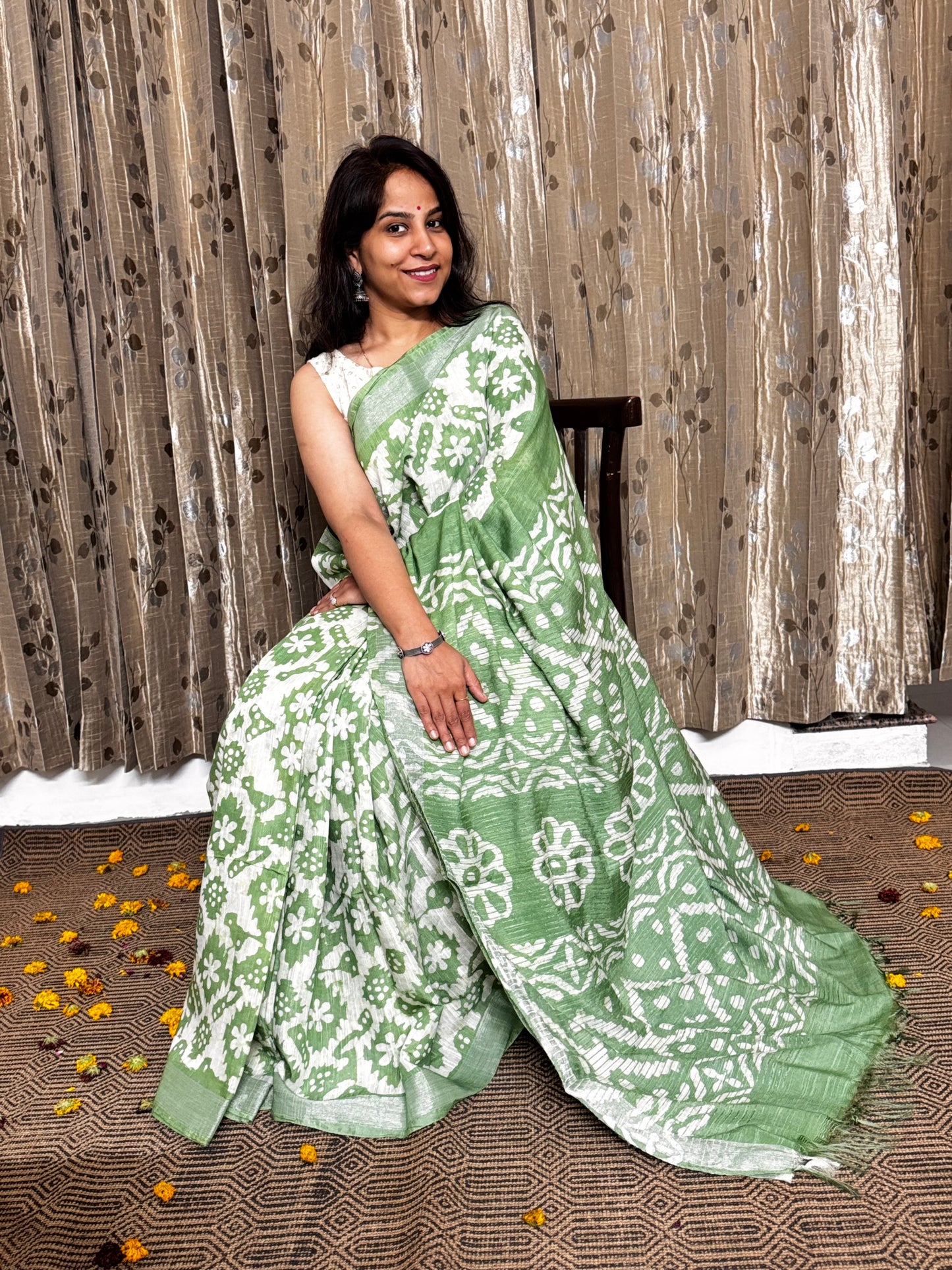 Pista Green Linen Cotton Zari Saree
