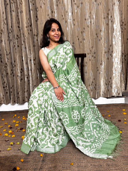 Pista Green Linen Cotton Zari Saree