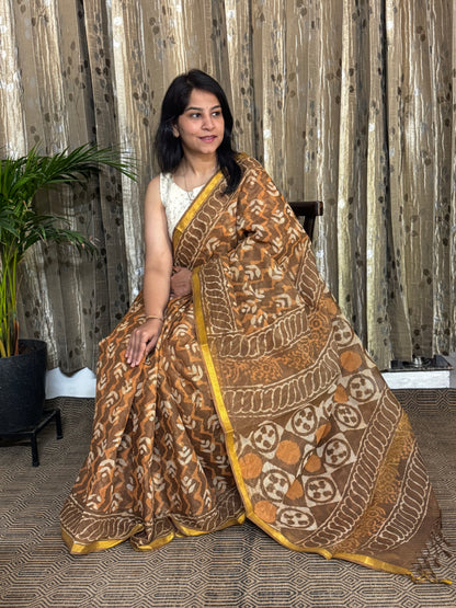 Brown Block Printed Kota Doria saree