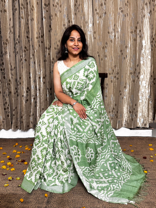 Pista Green Linen Cotton Zari Saree
