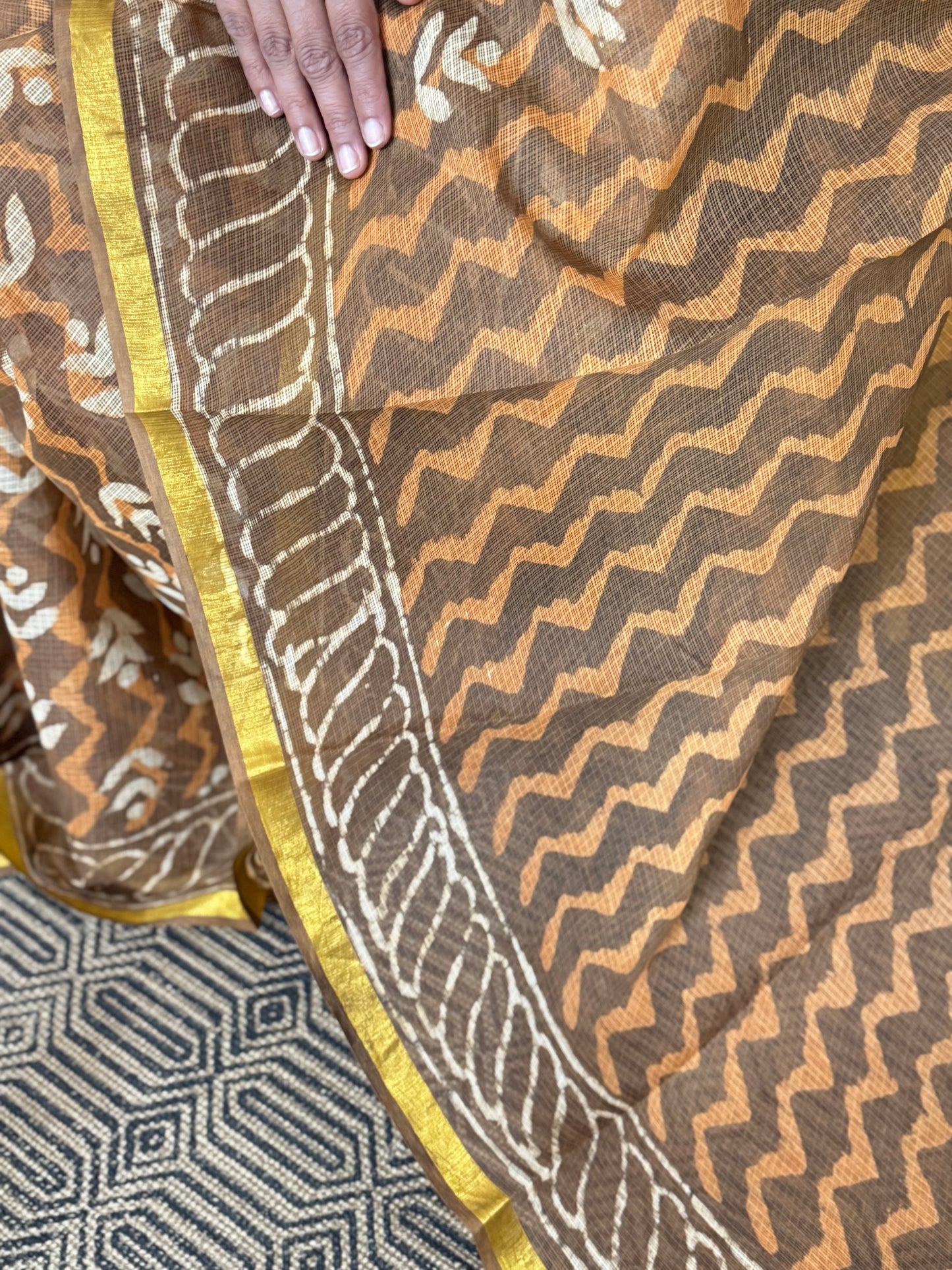 Brown Block Printed Kota Doria saree