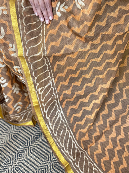Brown Block Printed Kota Doria saree