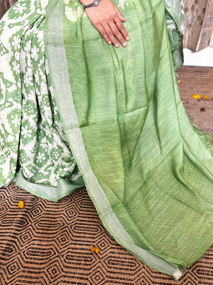 Pista Green Linen Cotton Zari Saree