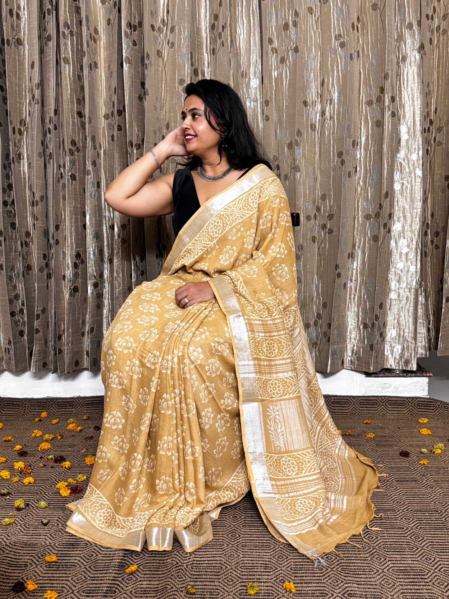 Beige Linen Cotton Zari Saree
