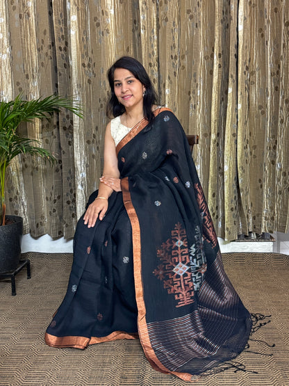 Black Linen Zari Jamdani Saree