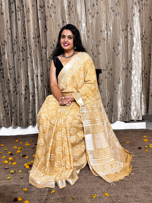 Beige Linen Cotton Zari Saree