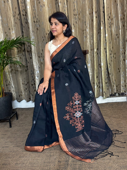 Black Linen Zari Jamdani Saree