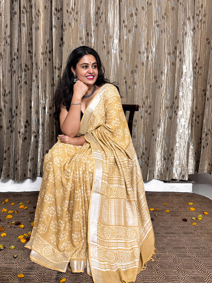 Beige Linen Cotton Zari Saree