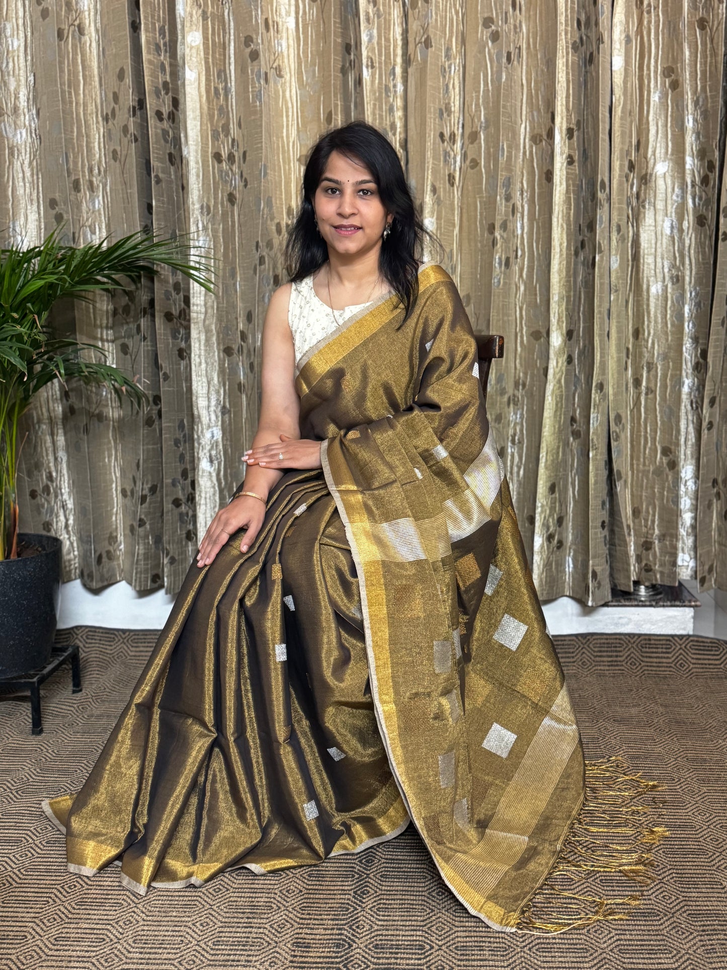 Copper Tissue Linen Jamdani Zari Saree