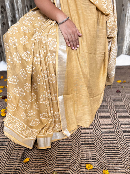 Beige Linen Cotton Zari Saree
