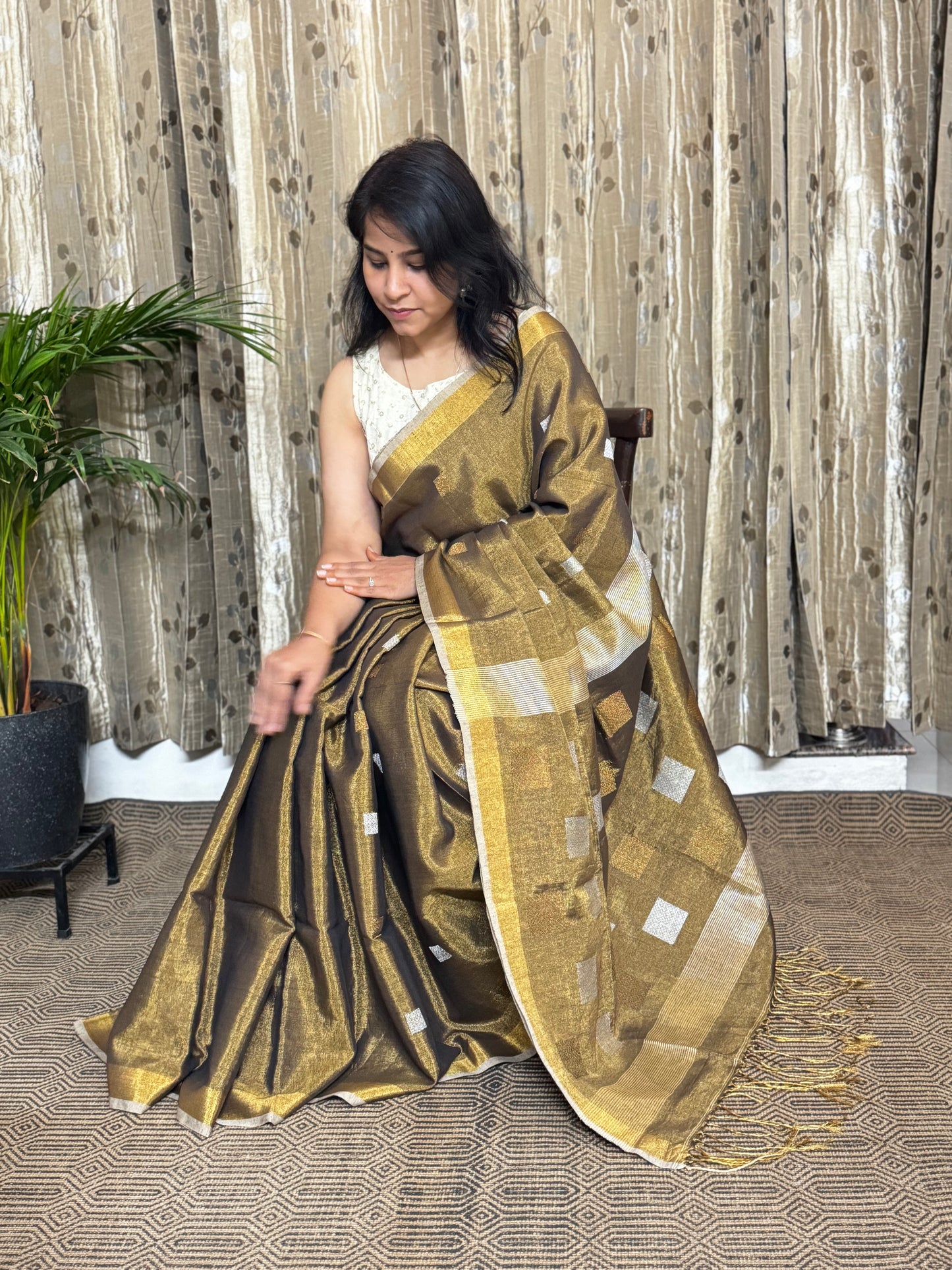 Copper Tissue Linen Jamdani Zari Saree