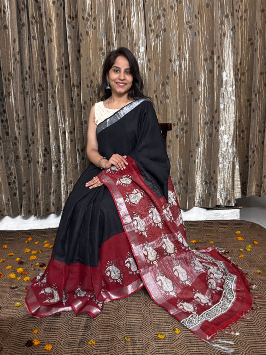 Black and Maroon Blockprinted Linen Cotton Zari Saree