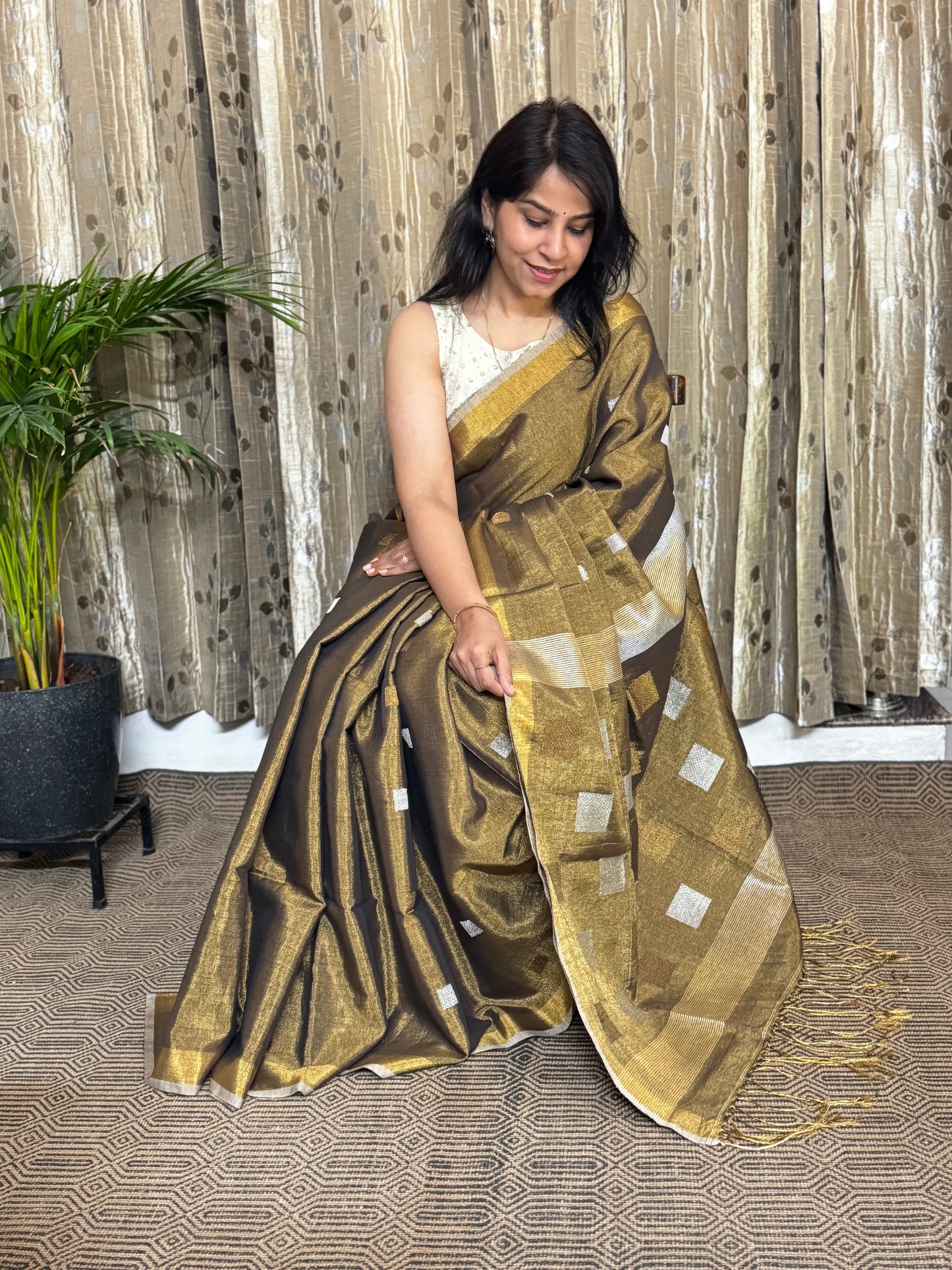 Copper Tissue Linen Jamdani Zari Saree