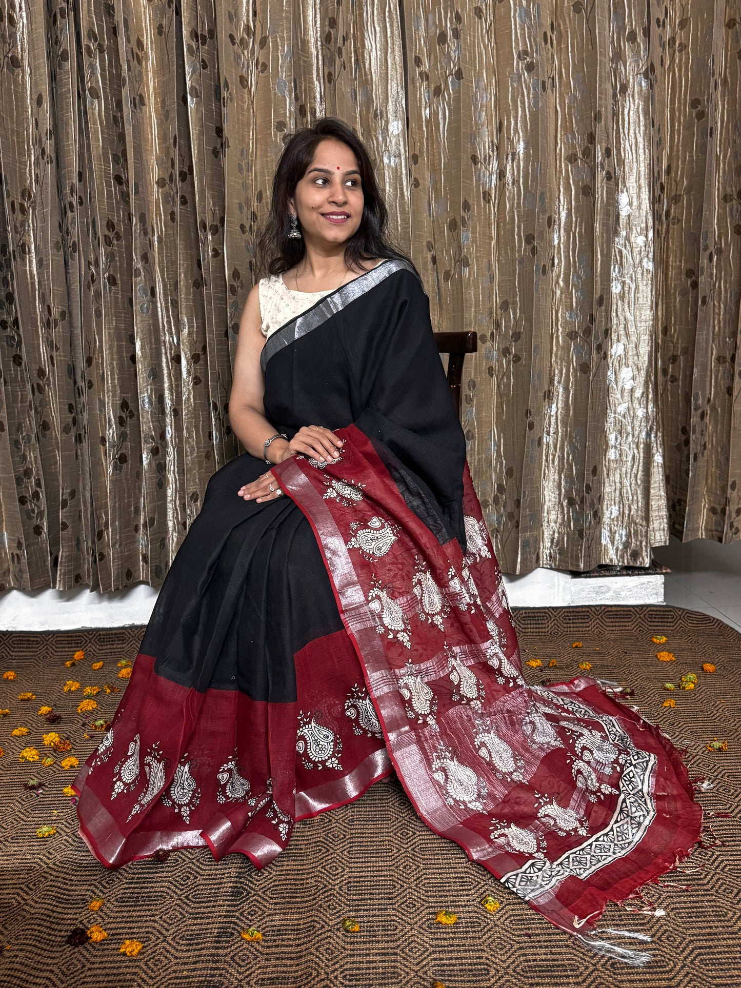 Black and Maroon Blockprinted Linen Cotton Zari Saree