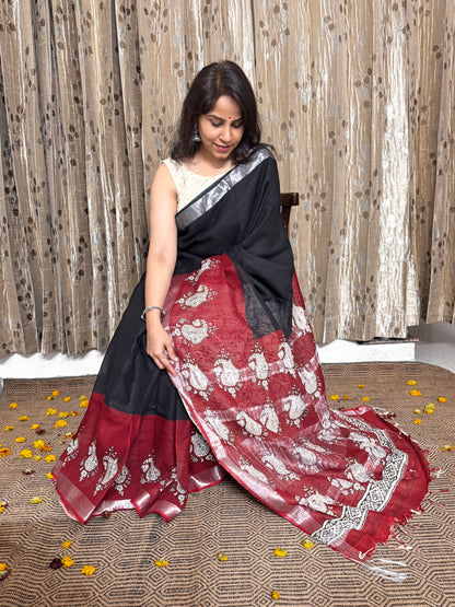 Black and Maroon Blockprinted Linen Cotton Zari Saree