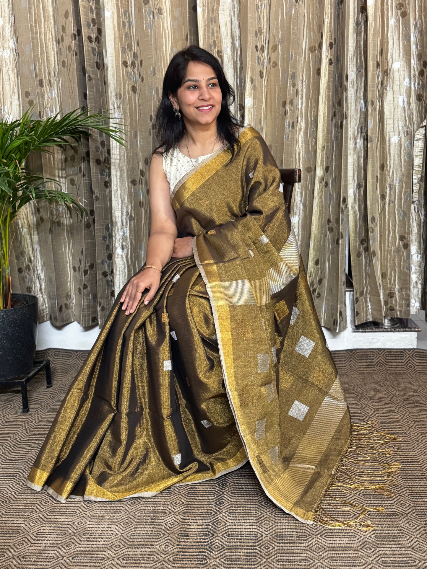 Copper Tissue Linen Jamdani Zari Saree