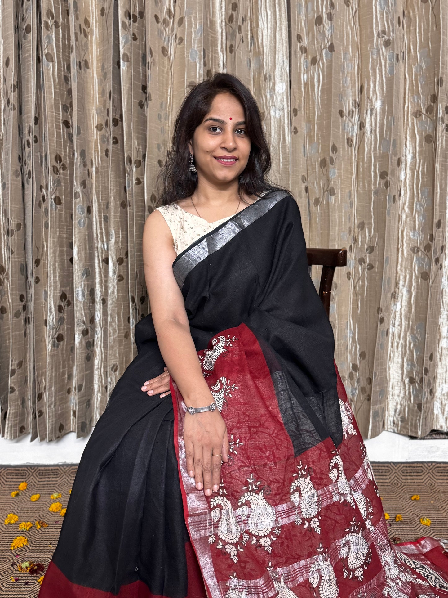 Black and Maroon Blockprinted Linen Cotton Zari Saree