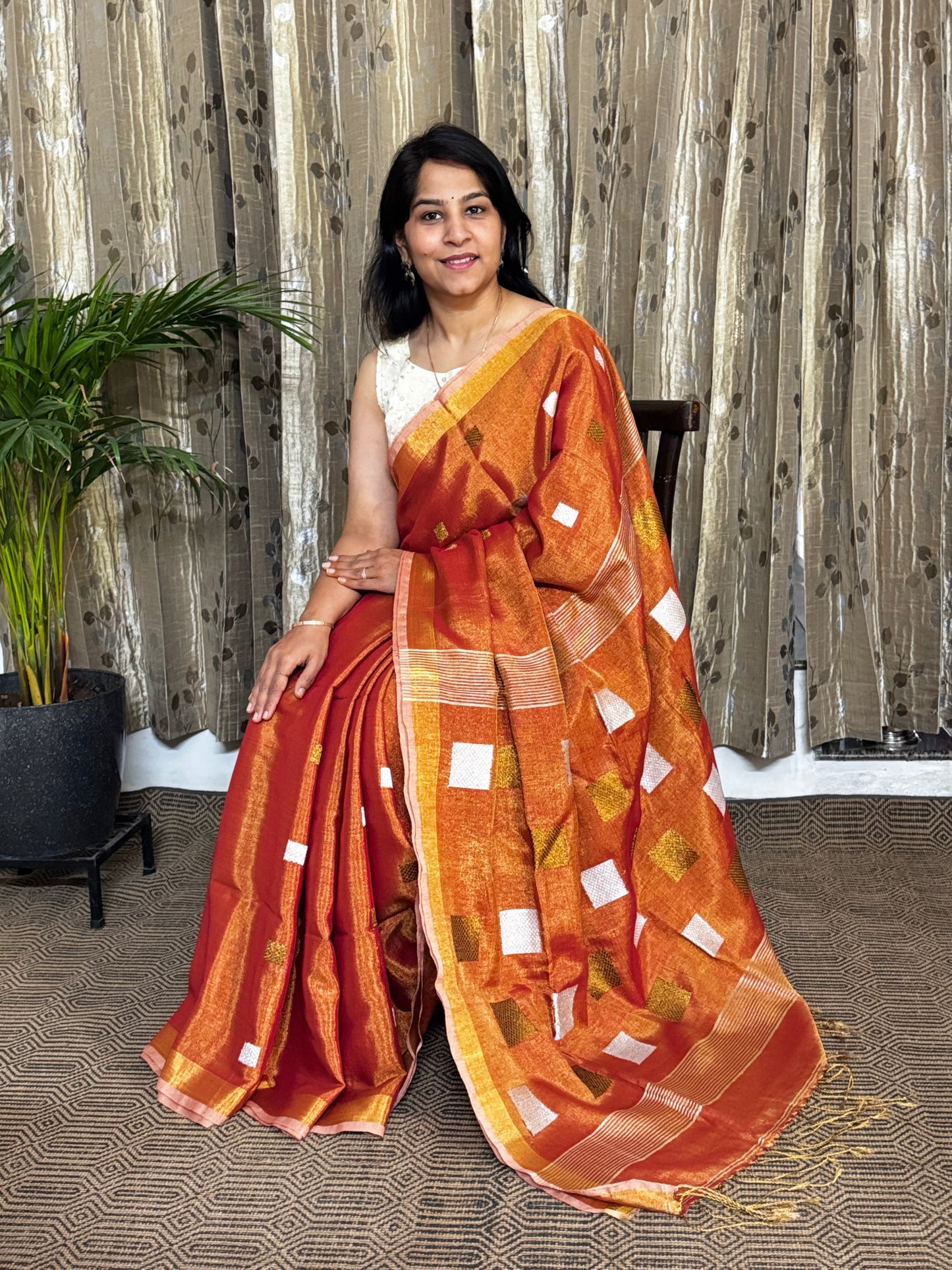 Orange Tissue Linen Jamdani Zari Saree