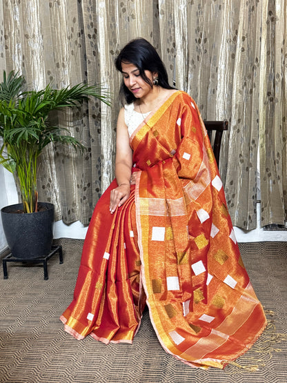 Orange Tissue Linen Jamdani Zari Saree
