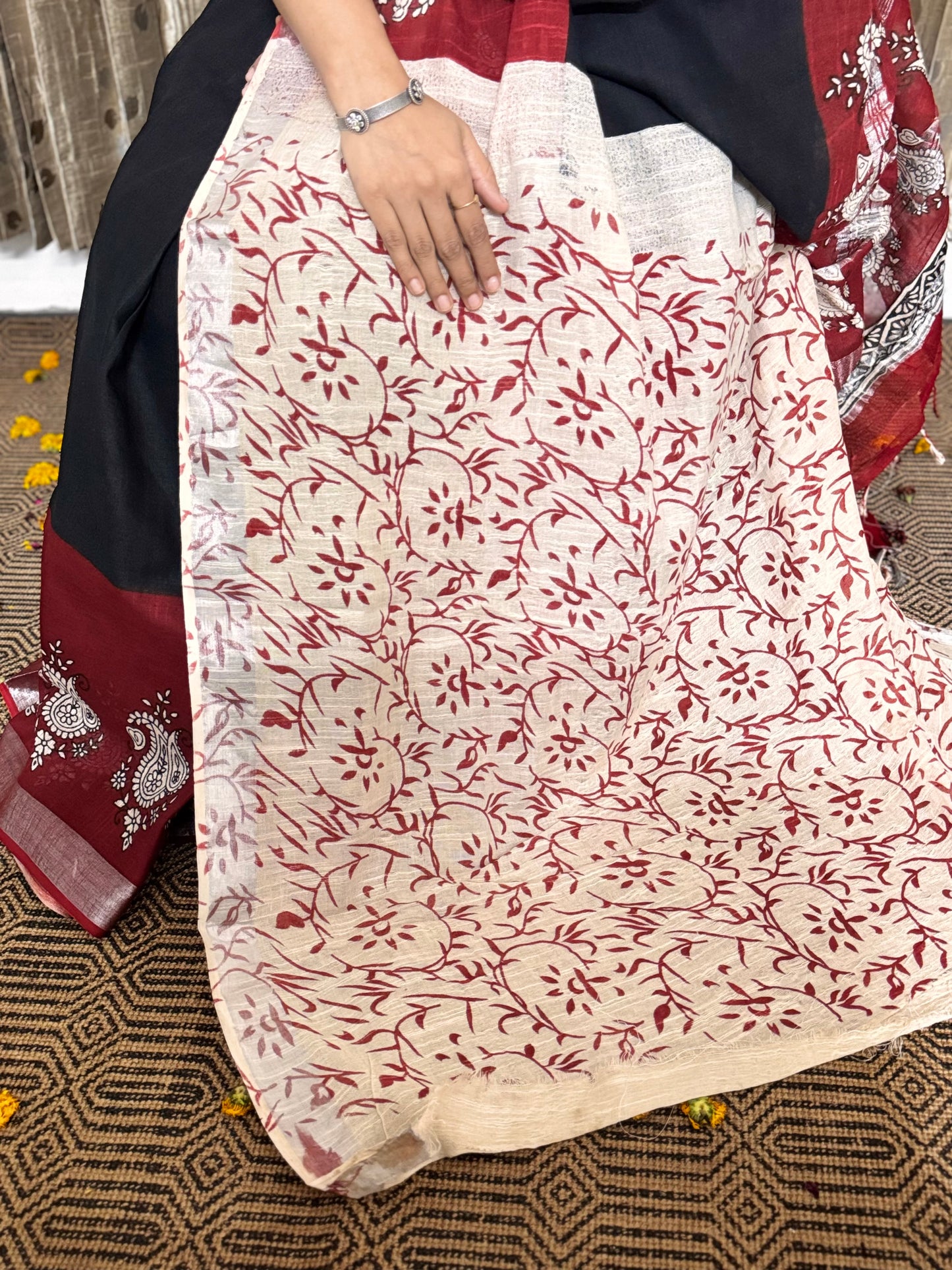 Black and Maroon Blockprinted Linen Cotton Zari Saree