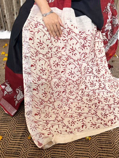 Black and Maroon Blockprinted Linen Cotton Zari Saree