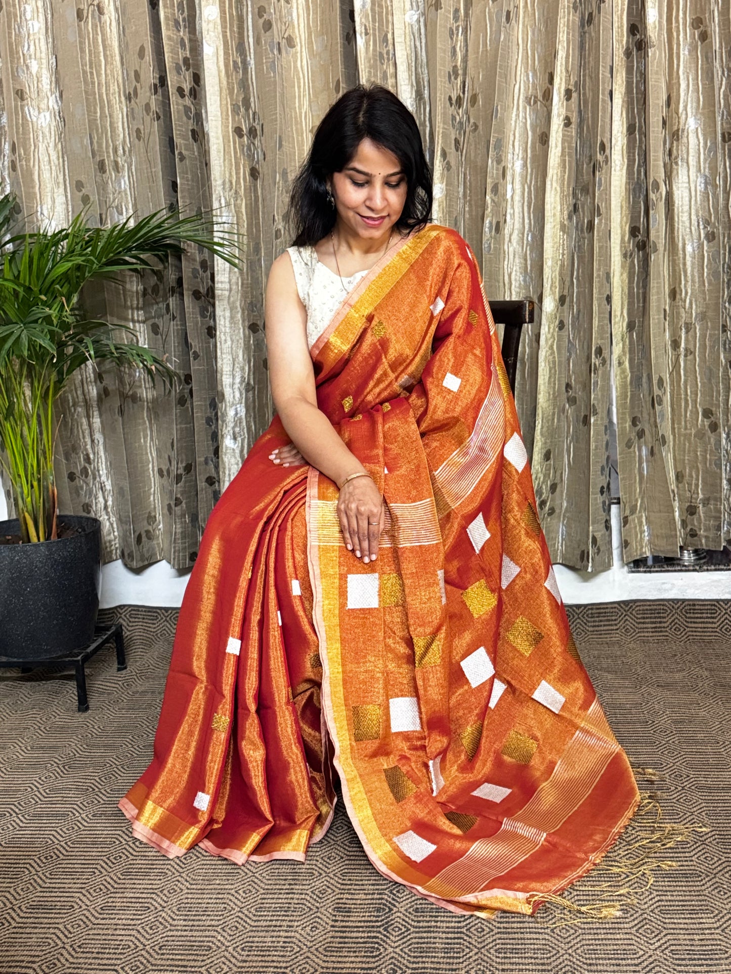 Orange Tissue Linen Jamdani Zari Saree