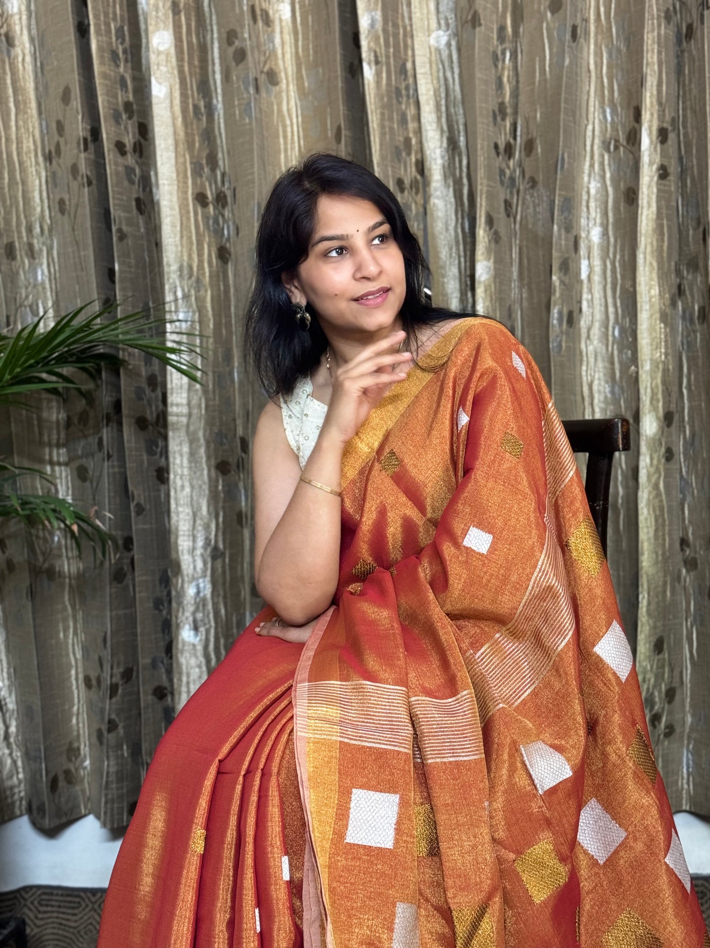 Orange Tissue Linen Jamdani Zari Saree