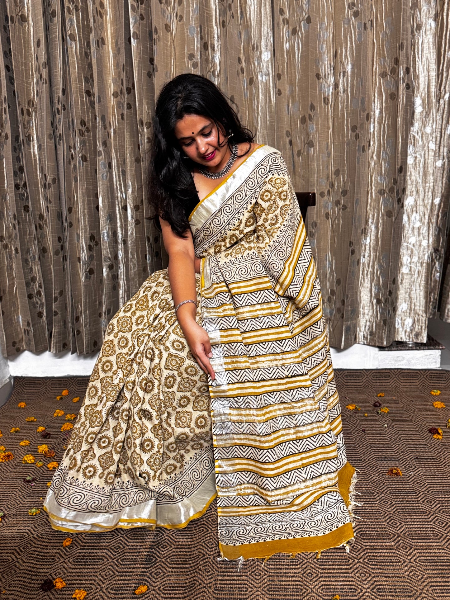 Yellow Blockprinted Linen Cotton Zari Saree