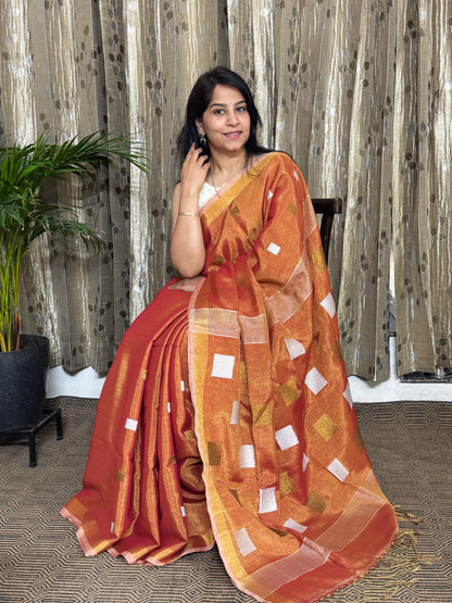 Orange Tissue Linen Jamdani Zari Saree