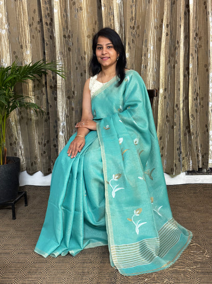 Sea Green Tissue Linen Jamdani Zari Saree