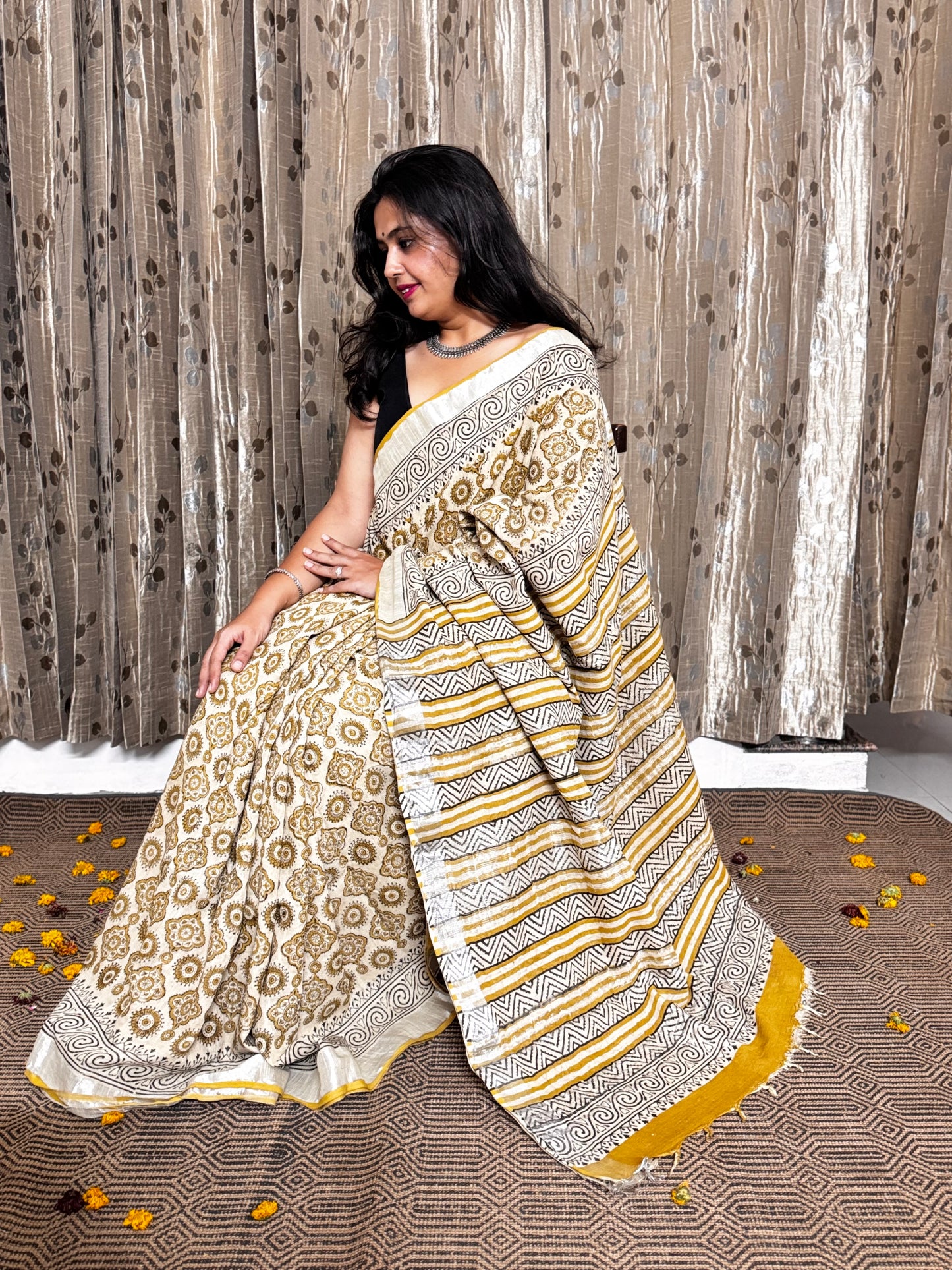 Yellow Blockprinted Linen Cotton Zari Saree