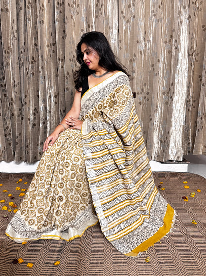 Yellow Blockprinted Linen Cotton Zari Saree