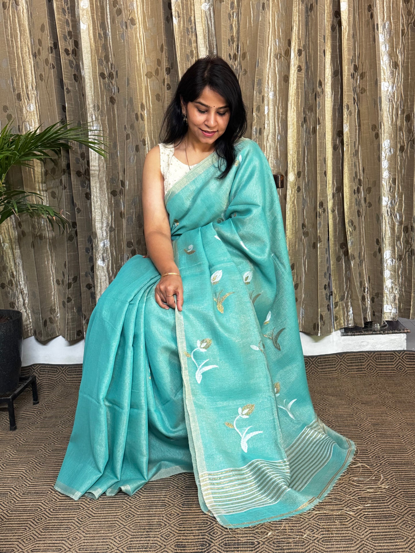 Sea Green Tissue Linen Jamdani Zari Saree