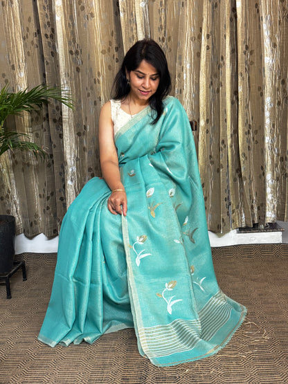 Sea Green Tissue Linen Jamdani Zari Saree