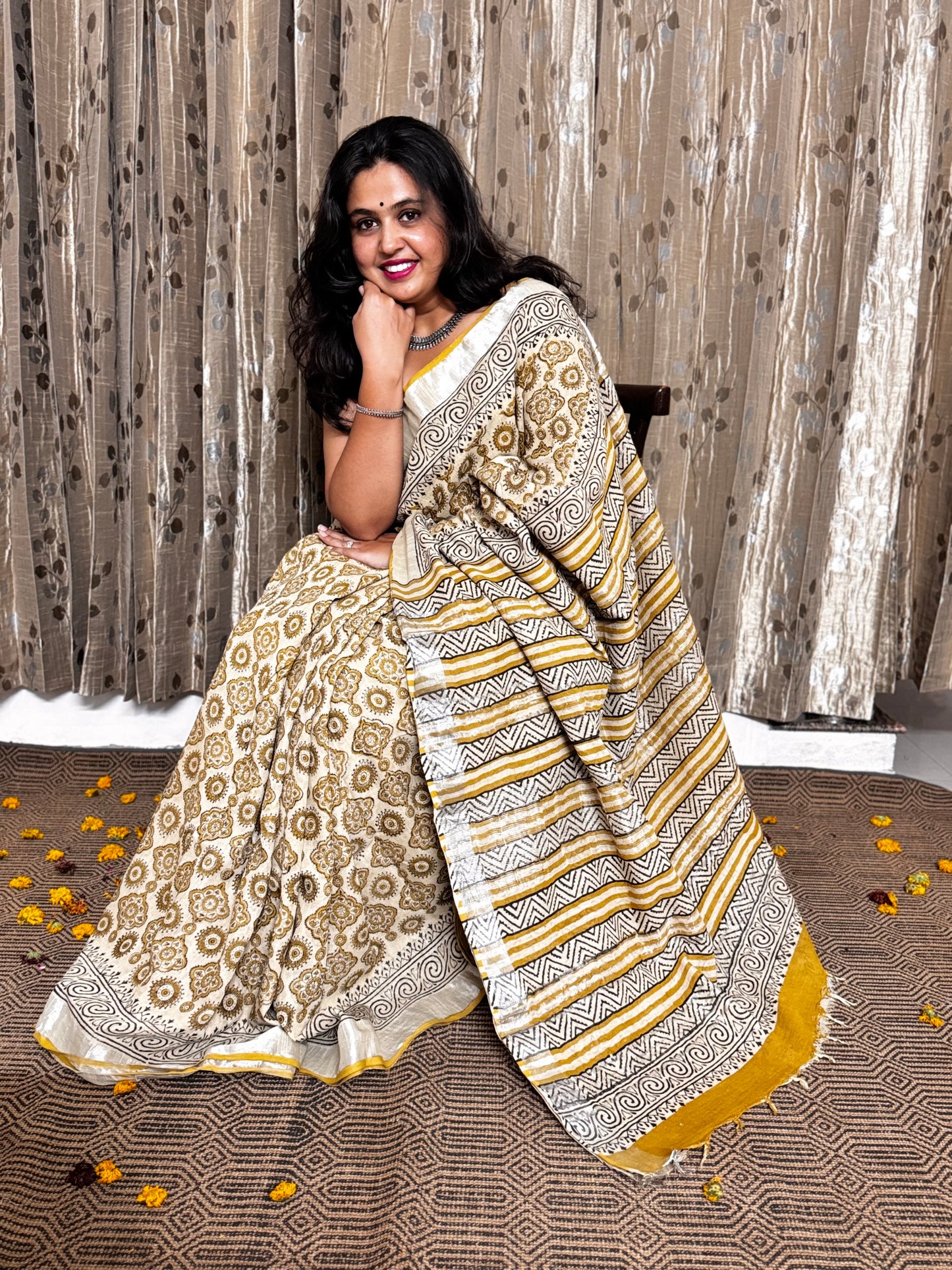 Yellow Blockprinted Linen Cotton Zari Saree
