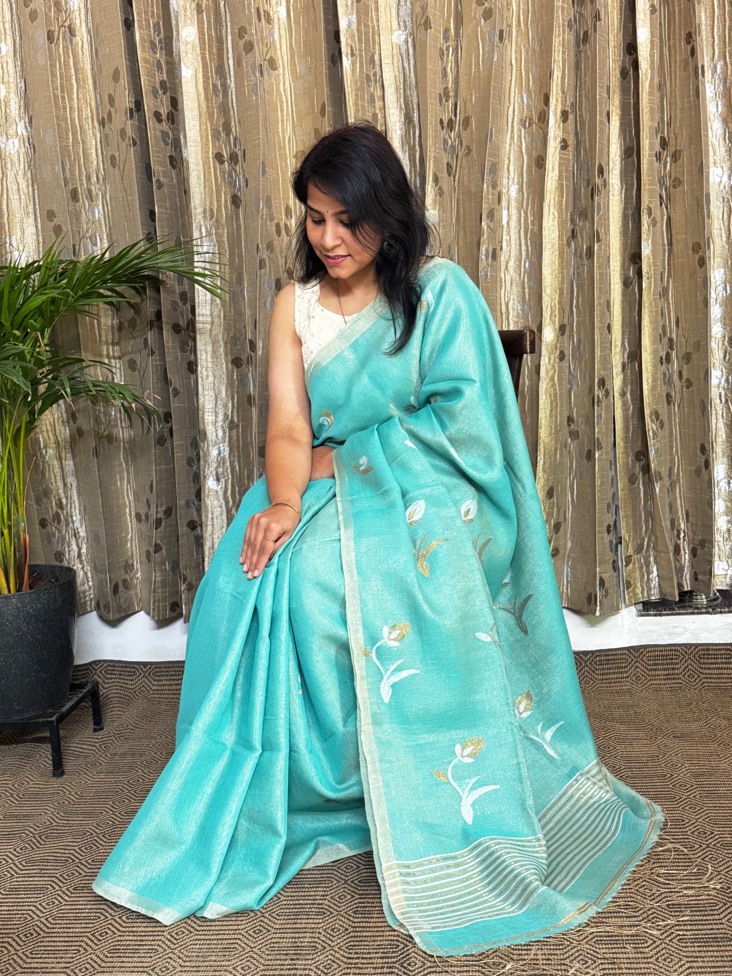 Sea Green Tissue Linen Jamdani Zari Saree