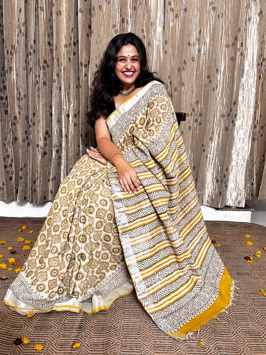 Yellow Blockprinted Linen Cotton Zari Saree