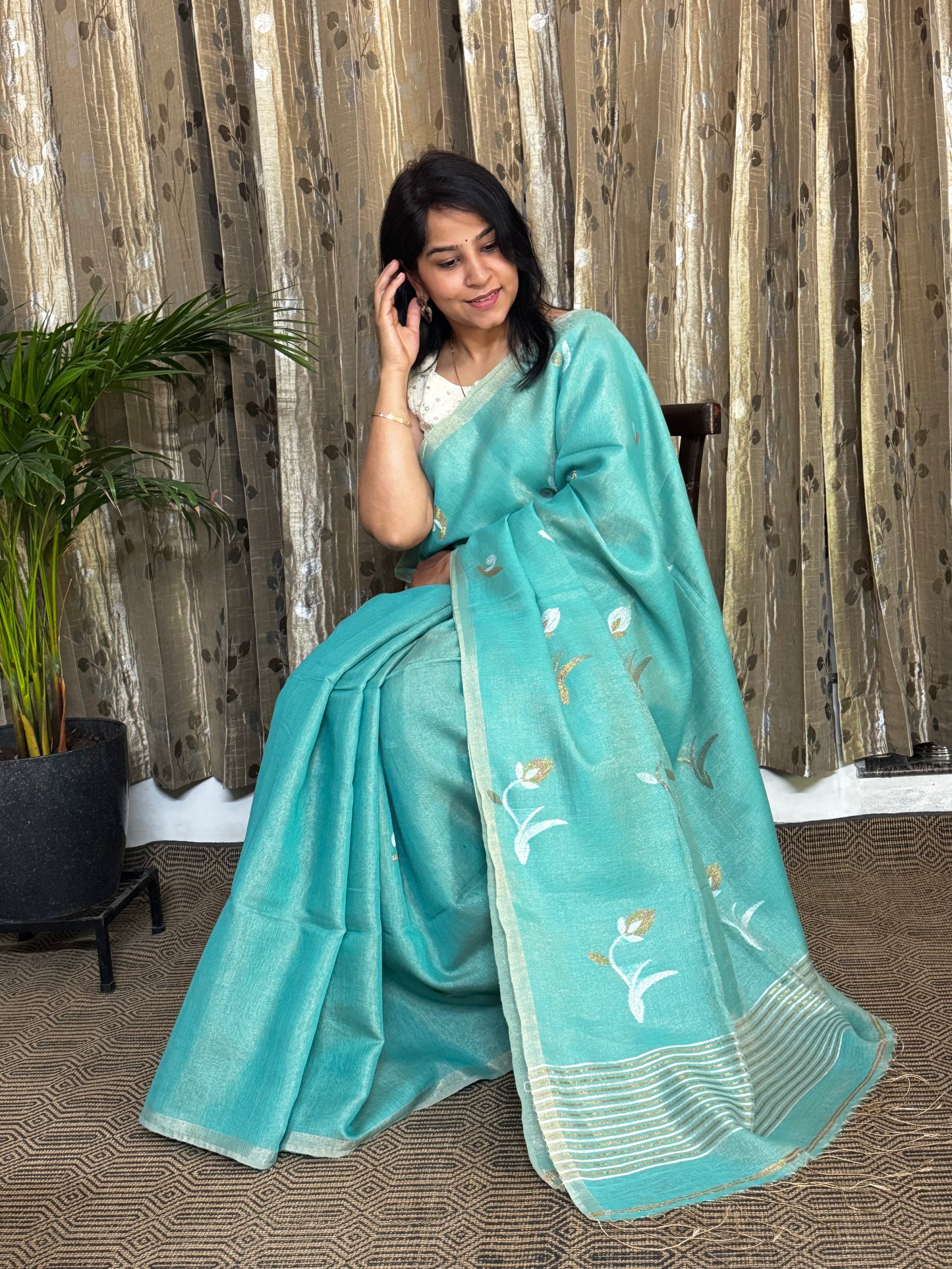 Sea Green Tissue Linen Jamdani Zari Saree