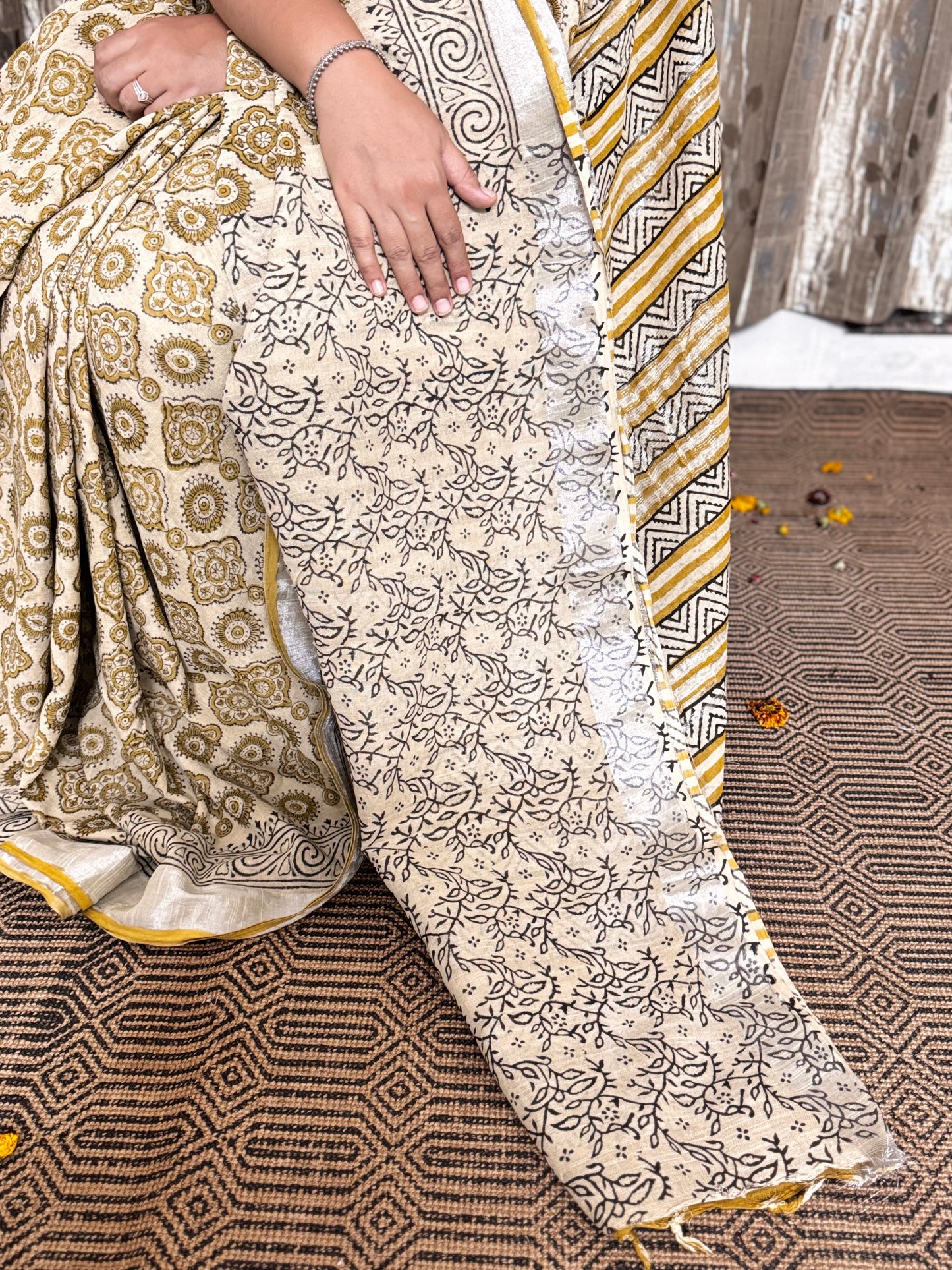 Yellow Blockprinted Linen Cotton Zari Saree