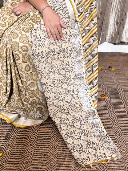 Yellow Blockprinted Linen Cotton Zari Saree