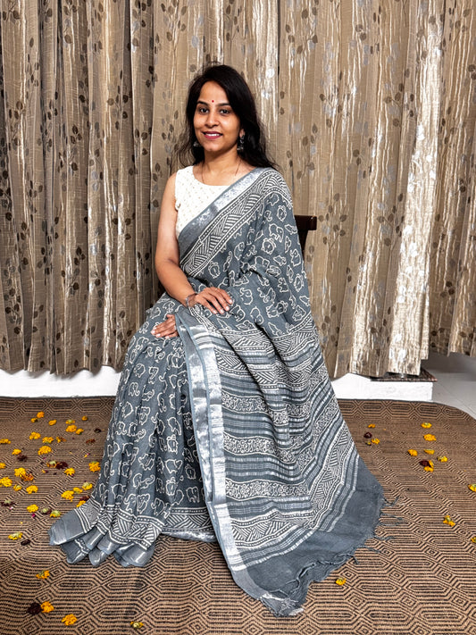 Gray Elephant print Linen Cotton Zari Saree