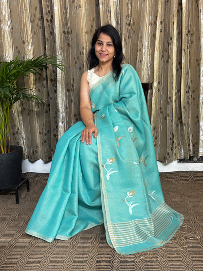 Sea Green Tissue Linen Jamdani Zari Saree